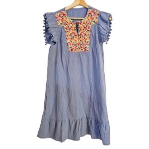 Woman's‎ boho Dress Size Small blue pompom ruffle hem embroiderdd